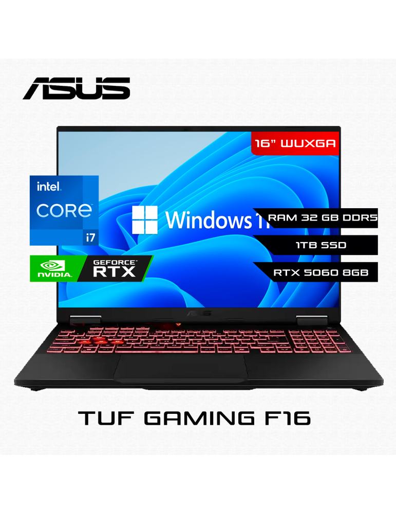 LAPTOP ASUS TUF GAMING F16 FX608JMR-F16.I75060 INTEL CORE I7 14650HX 32GB 1TB SSD RTX 5060 8GB 16" W11H (90NR0NB1-M003N0)