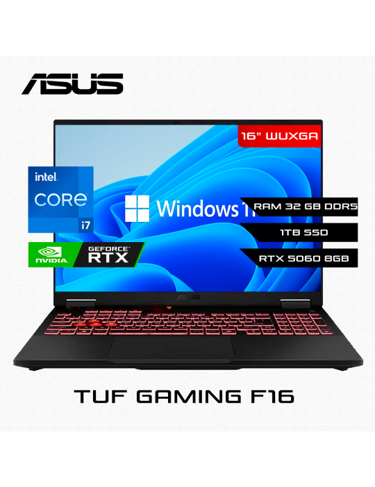 LAPTOP ASUS TUF GAMING F16 FX608JMR-F16.I75060 INTEL CORE I7 14650HX 32GB 1TB SSD RTX 5060 8GB 16" W11H (90NR0NB1-M003N0)