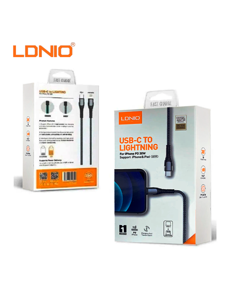 CABLE CARGA RAPIDA LDNIO USB-C A LIGHTNING 30W 1M (LC111)