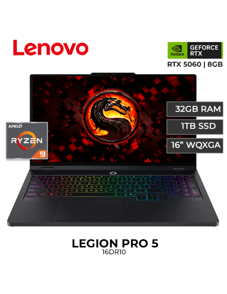 LAPTOP GAMER LENOVO LEGION PRO 5 16DR10 RYZEN 9 8945HX 32GB 1TB RTX 5060 8GB 16" FREEDOS (83LT002MLM)