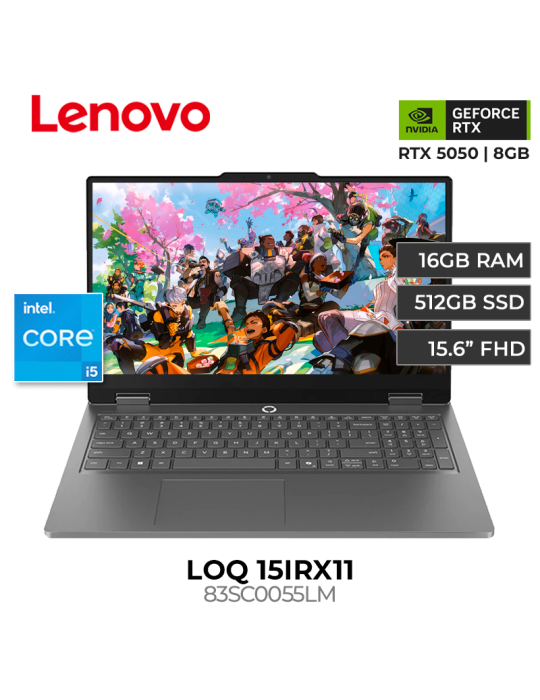 LAPTOP LENOVO LOQ 15IRX11 CORE I5-13450HX 16GB 512GB SSD RTX 5050 8GB 15.6" FREEDOS (83SC0055LM)