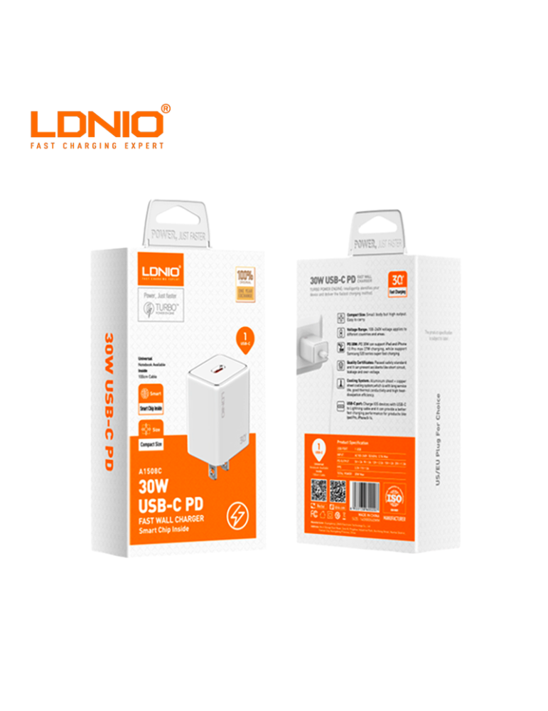Cubo Cargador Ldnio Carga Rapida A1508  USB-C 30W Black A1508