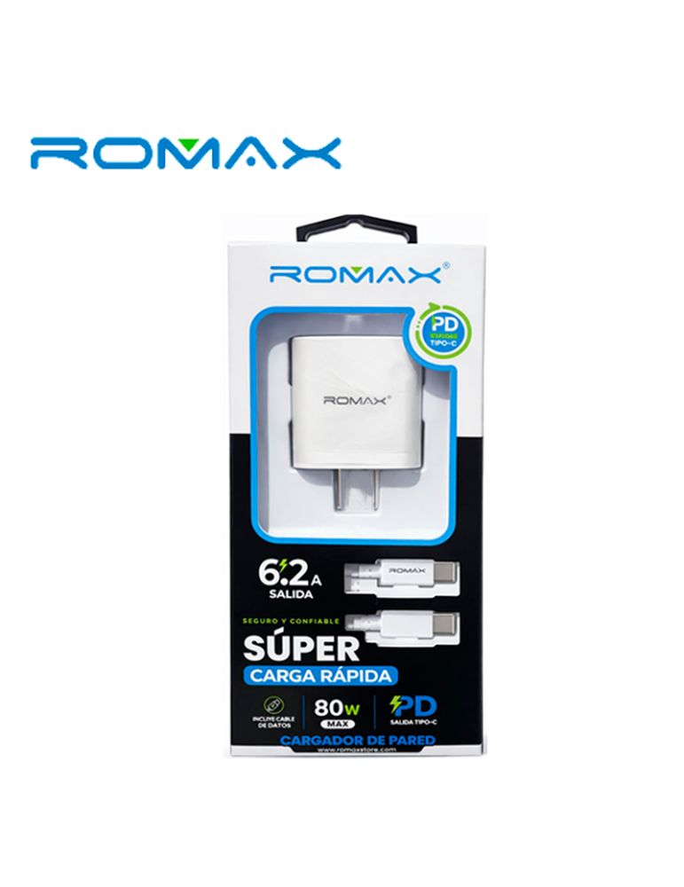CARGADOR ROMAX USB-A A USB-C 6.2A 80W CARGA RAPIDA (TCC0674)