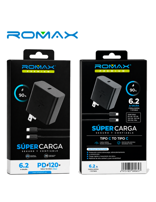 Cargador Romax USB-A A USB-C 6.2A 120W Carga Rapida TCC0657