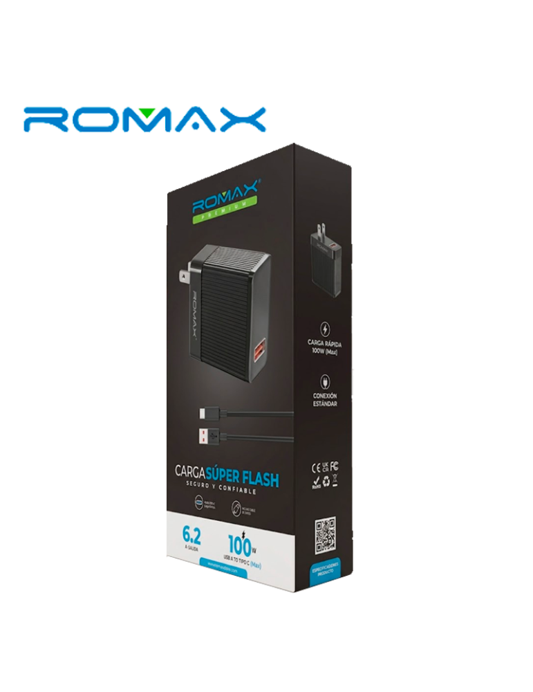 CARGADOR ROMAX USB-A A USB-C 6.2A 100W CARGA RAPIDA (TCC0605)