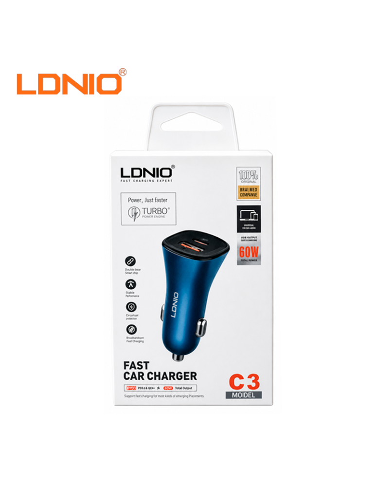 CARGADOR DE CARRO LDNIO C3 60W 1 USB-C & USB A (C3)