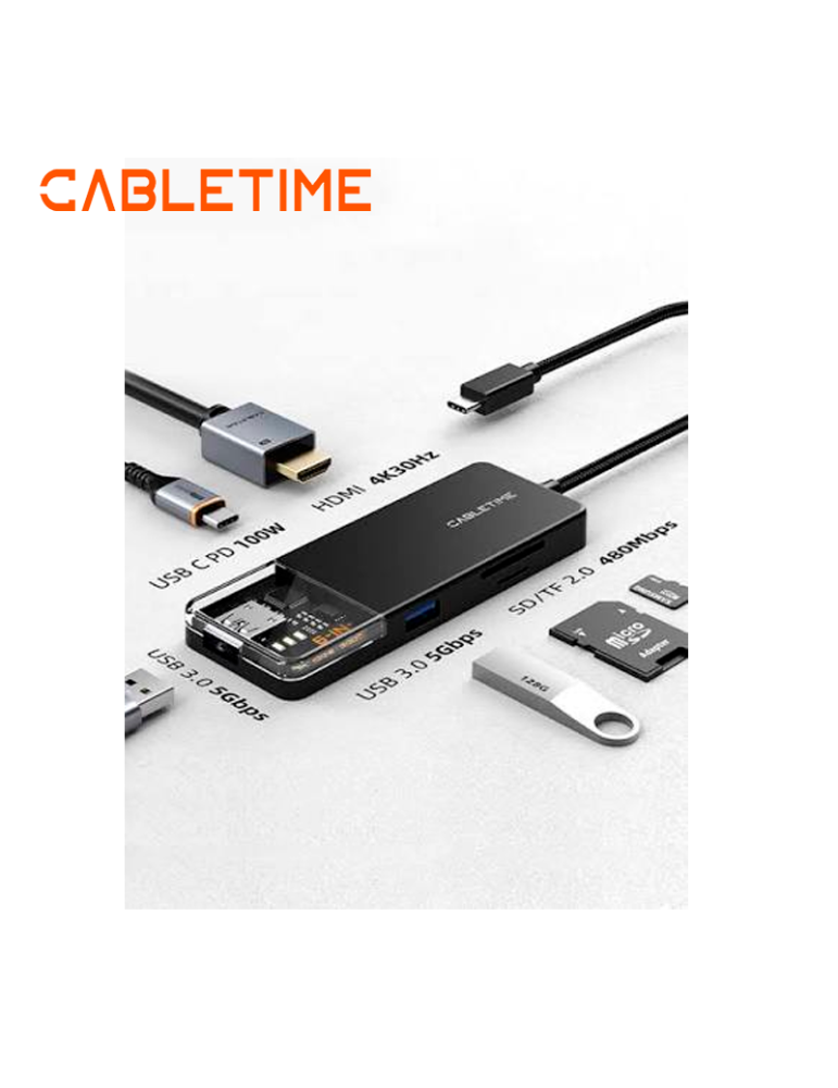 Adaptador Hub 6 EN 1 Cabletime CB04B USB C USB SD TF HDMI